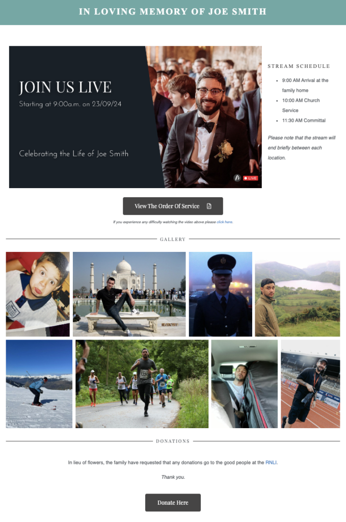 Example Funeral live-stream viewing page on www.funeralstreaming.co.uk