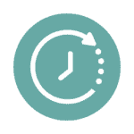 a teal logo with a clock face