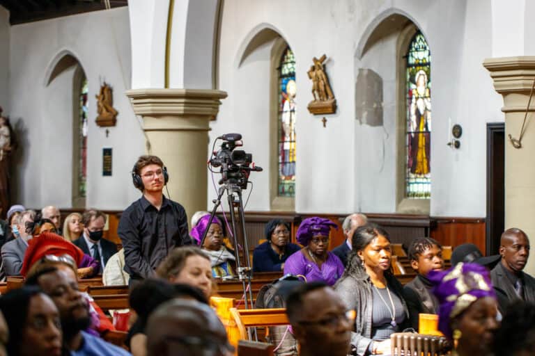 Live streaming a funeral service in a beautiful bright church