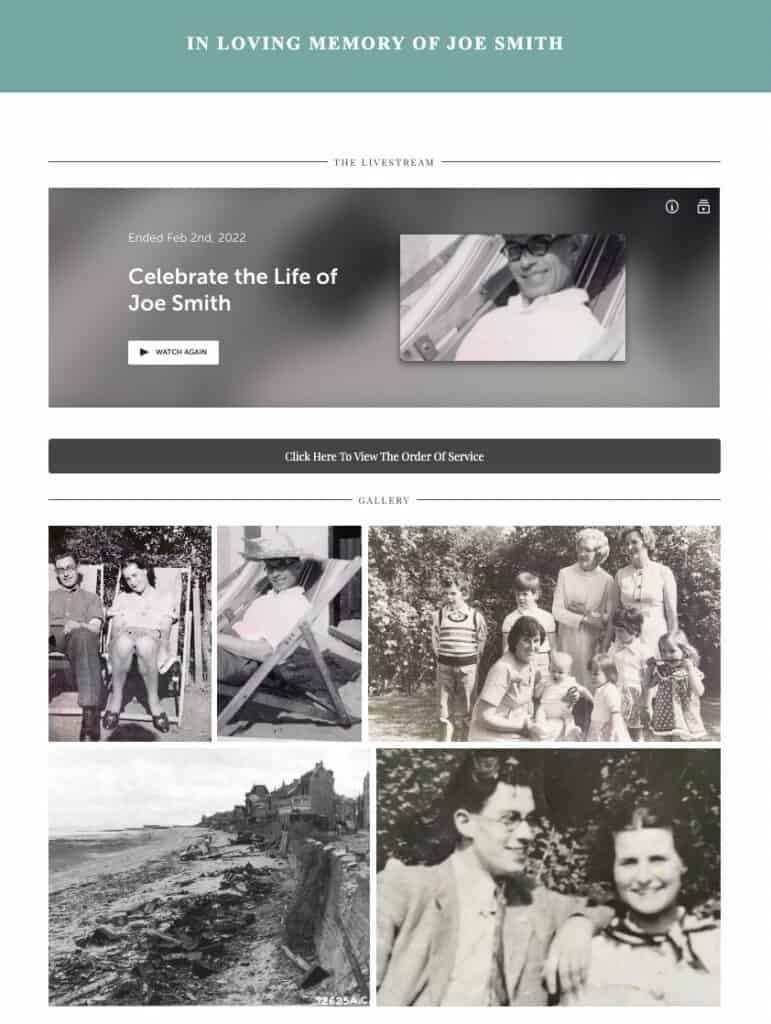 A private funeral live stream page showing a gallery of old photos and a video embed.