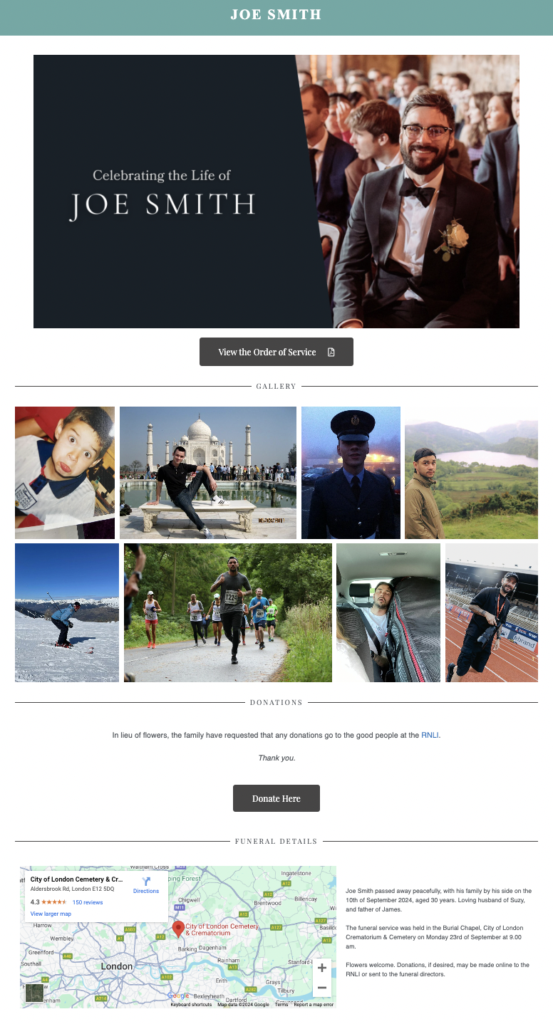 Example funeral video hosting page