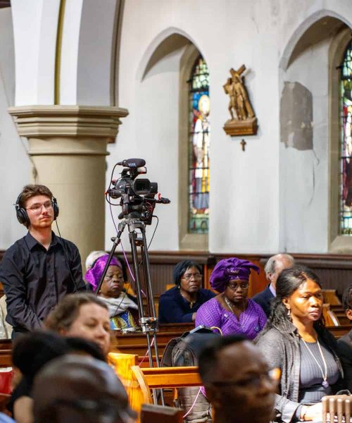 Live streaming a funeral service in a beautiful bright church